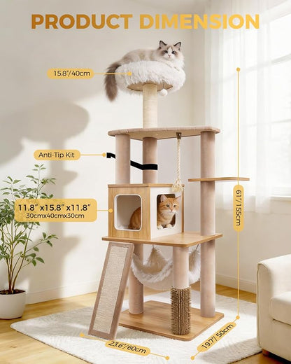 61" Modern Cat Tree Tower for Indoor Cats, Luxury Climbing Tower with Plush Lounge, Kitty Condos, Hammock & Scratching Posts, Classic cat Furniture