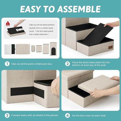 Dog Stairs with Storage, 4-Step Wider Sturdy Dog Steps for Small/Medium/Large Dogs and Older Cats, Doggie Ramp with Condo for Bed/Couch/Car Hold Up to 180 lbs (22.6" H, Beige)