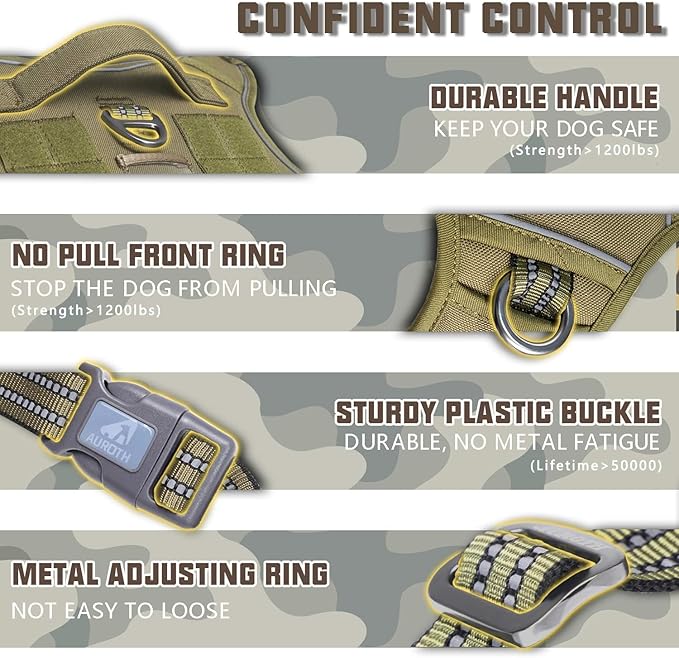 Auroth Tactical Dog Harness for Small Medium Dogs No Pull Adjustable Pet Harness Reflective Working Training Easy Control Pet Vest Military Service Dog Harnesses Army Yellow M