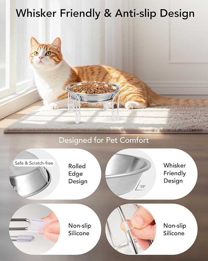 Upgrade Elevated cat Bowl, Raised Stainless Steel Cat Food and Water Dishes, Small Dog Bowl, Whisker Friendly, Anti-Vomiting, Neck Stress-Free, Non-Slip Stainless Steel Stand with 4 Legs- 2Pack