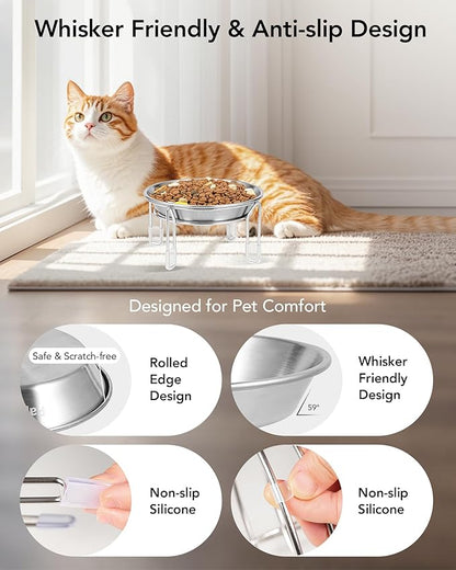 Upgrade Elevated cat Bowl, Raised Stainless Steel Cat Food and Water Dishes, Small Dog Bowl, Whisker Friendly, Anti-Vomiting, Neck Stress-Free, Non-Slip Stainless Steel Stand with 4 Legs- 2Pack