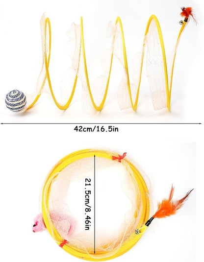 2-Pack Large Cat Tunnel Beds - Indoor & Outdoor,Kitten Collapsible Spring Tunnel Toy with Feather and Bell,Interactive Spring Toys for Cats & Kittens（Yellow）