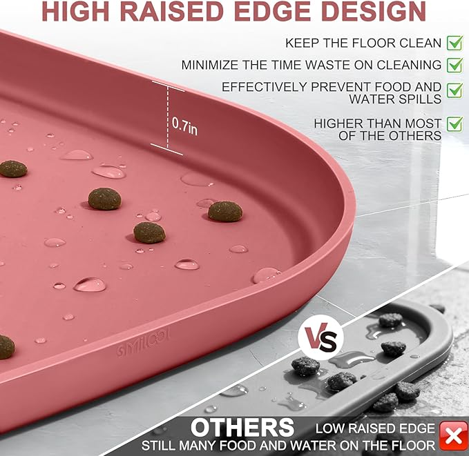 Silicone Pet Food Mat with Raised Edge for Food and Water Bowl, Dog Feeding Mats, Cat Food Trays for Floor Waterproof, Rubber Tray for Dogs and Cats, 19 x 12 x 0.7 Erythrinus