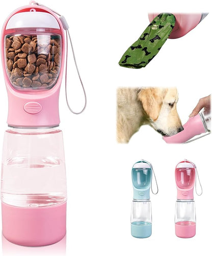 Dog Water Bottle with Food Storage & Poop Bag Dispenser - 3-in-1 Portable Pet Water Bowl for Hiking, Walking, and Travel - Ideal for Small to Large Dogs Pink