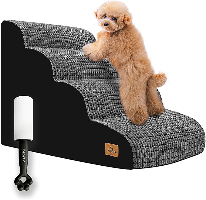 Dog Stairs - 20.5" H 4 Step Curved Dog Ramp for High Bed & Couch, Foam Ramp with Non-Slip Waterproof Fabric Cover, Grey