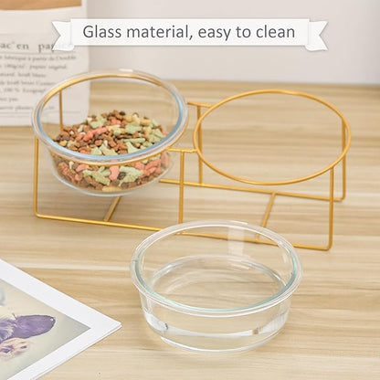 Elevated Dog Bowl Set of 2 - Double Glass Bowls with Gold Iron Stand - Raised Dishes Comfortable Feeding - Ideal for Small to Medium Sized Dogs