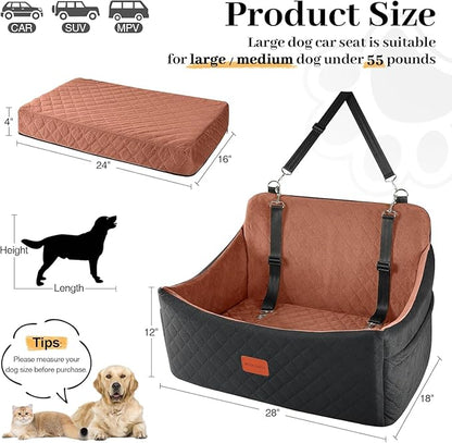Wooaidagg Dog Car Seat for Medium & Large Dogs Up to 55lbs, Memory Foam Cushion, Washable Cover, Safety Straps & Non-Slip Bottom(Black/Brown,Large)