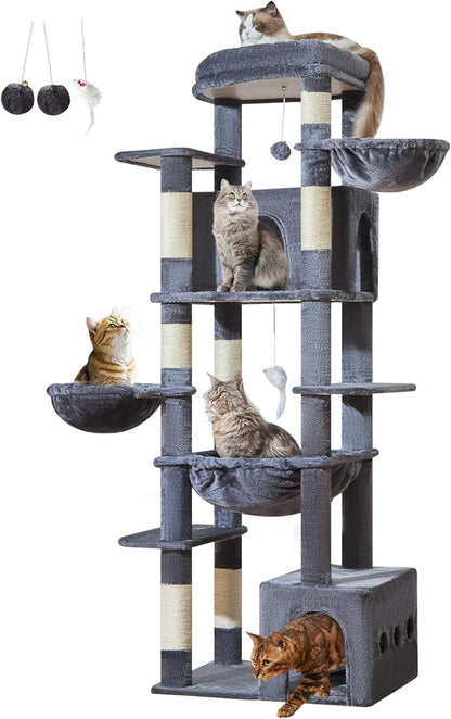 Taoqimiao 72 Inch Cat Tree, XXL Cat Tower for Indoor Cats Large Adult 25Lbs+, Extra-Large Platform, 2 Cat Houses, 7 Scratching Post, Extra-Sized Durable Hammock, Cozy Basket, Smoky Gray, F20G