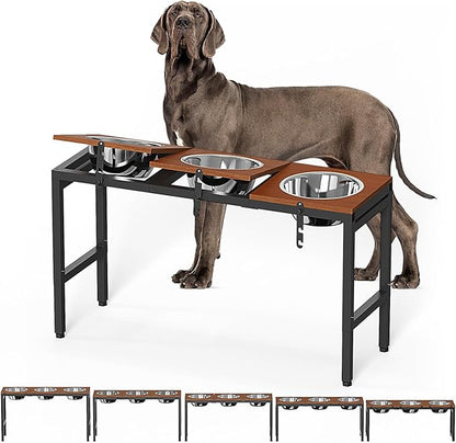 Elevated Dog Bowls Large Breed,Adjustable Raised Dog Bowl Stand,Stainless Steel 3 Bowl Dogs Feeding Station,12.5cup/101oz Each Food Water Bowl(Iron Holder,Wooden Platform,Grained Oak)