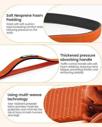 Hands Free Dog Leash, Multifunctional Crossbody Dog Leash, 5.9-9.5Ft Long Waist Belt with Car Seatbelt and Double-Sided Reflective Stitches for Medium and Large Dogs Walking, Jogging(Orange).