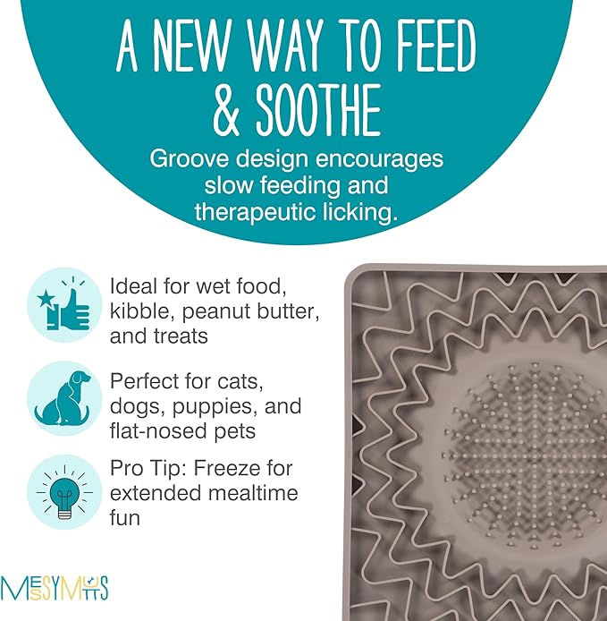 Messy Mutts Framed Silicone Therapeutic Licking Bowl Mat | 9.5" x 9.5" | Slow Feeder Mat for Boredom & Anxiety | Lick Pad for Dogs & Cats | Grey