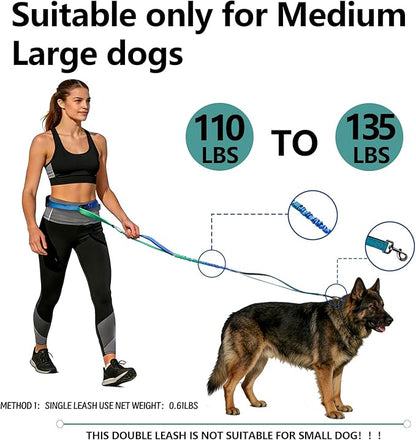 Roses&Poetry Hands Free Double Dog Leash for Two Dogs, 9-11ft Adjustable Bungee Walking Waist Lead, Dual Dog Leash with Tangle-Free Swivel for Medium Large Dogs Heavy Duty Running(Bluegreen)