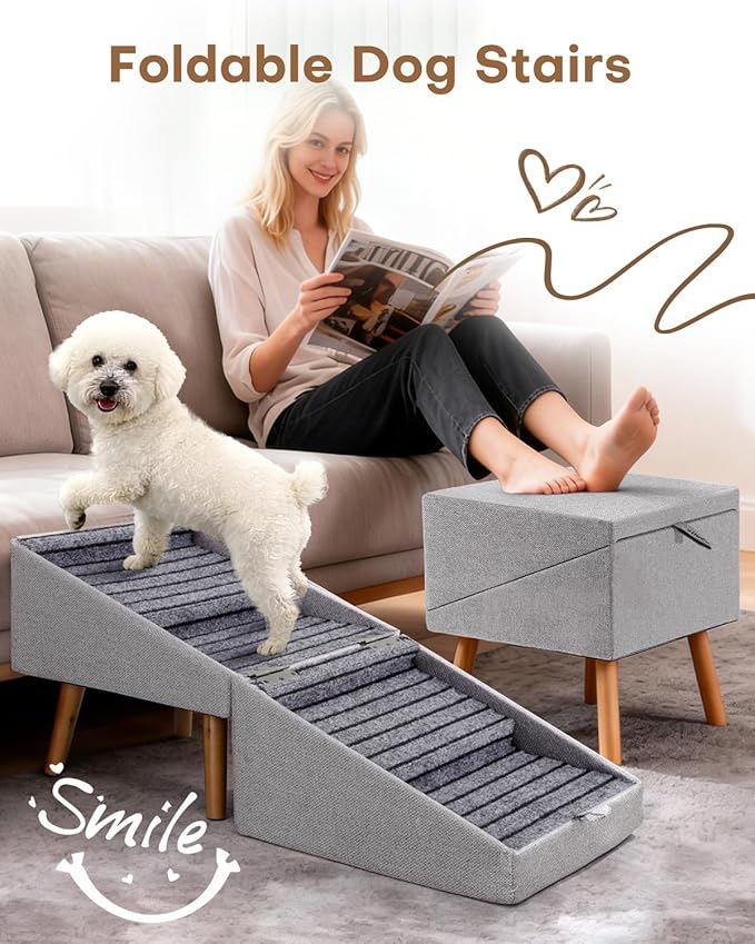 Dog Stairs for Small Dogs 17.13" H, 4-Step Doggie Ramp for Couch Bed Sofa and Chair, Foldable 2 in 1 Wooden Pet Steps for Puppy Medium/Large Dogs and Cats, Split Ottoman Design