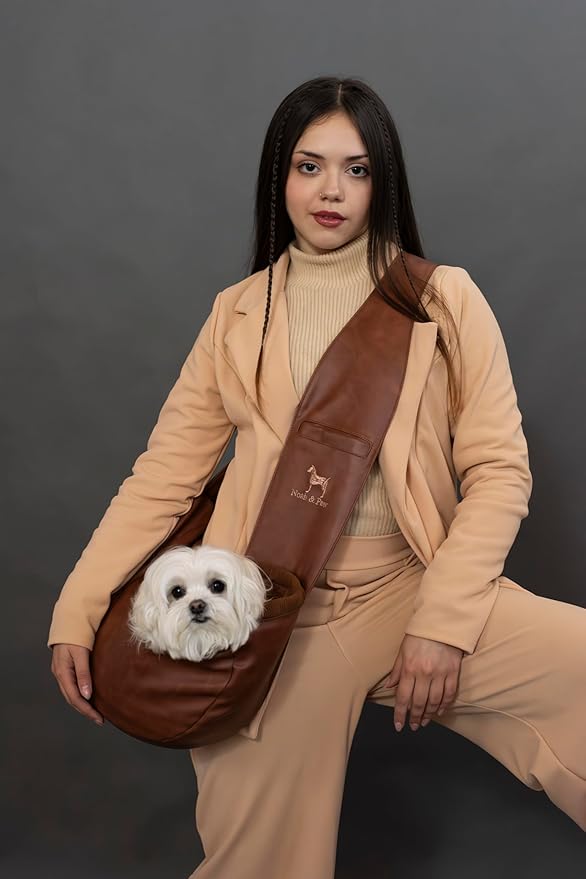 Noah & Paw Dog Sling Carrier for Small Dogs 3-10lb, Dog Sling for Small Dogs and Cats, Dog Carrier with Adjustable Padded Strap, Vegan Leather Lined with Fur, 3X Safety Features, Machine Washable