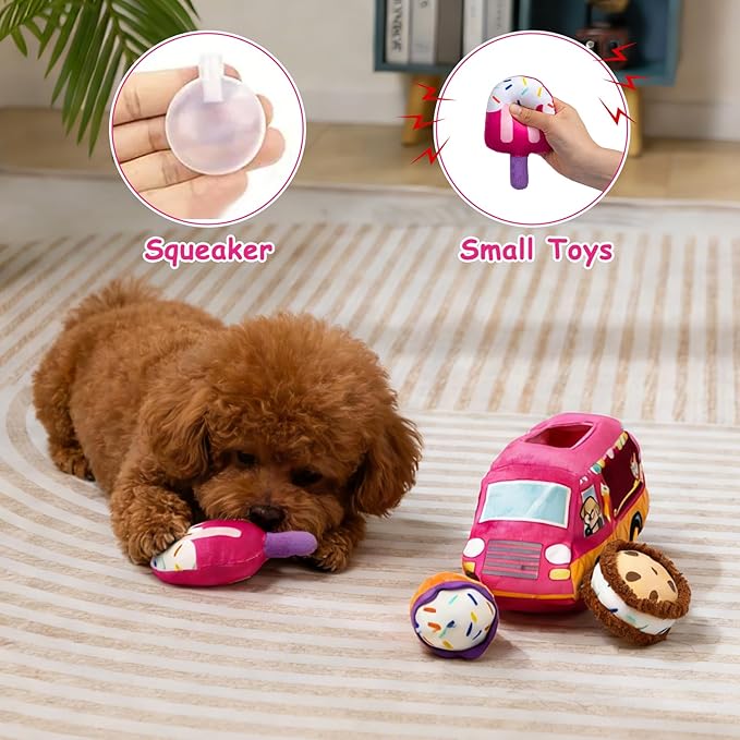 Hollypet Squeaky Dog Toy, Interactive Plush Hide and Seek Dog Toys for Small Medium Sized Dogs and Non-Aggressive Chewers, Puppy Teeth Clean Chew Toys, Ice Cream Truck