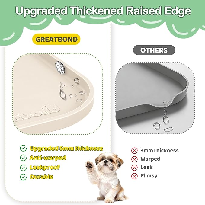100% Waterproof Silicone Pet Feeding Mat,Warped Resistant Raised Edge BPA-Free Dog Cat Food Mats, Non-Slip Pet Placemat with High Lip to Prevent Spills, Dishwasher Safe, 21.5"x14" Beige