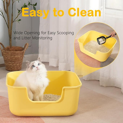 Large Cat Litter Box with High Sides,Cat Boxes for Indoor Cats,Cat Litter Pan for Kitty,Litter Box with Low Entry,Easy to Clean,Anti-Splashing (White-Long Side Entry)