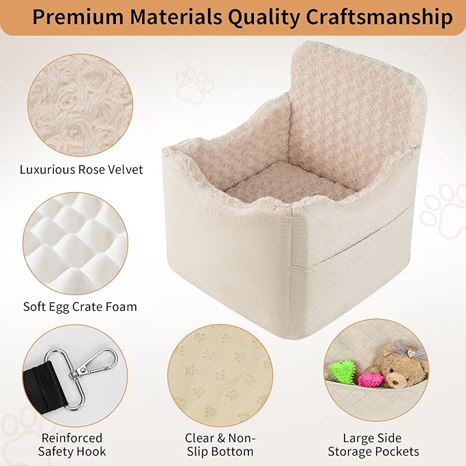 Dog Car Seat for Small Medium Dogs - 6.7inch Elevated Dog Booster Car Seats with Deluxe Rose Plush, Washable Safety Pet Carseat Travel Bed with 2 Safety Belts and Storage Pockets(Beige)