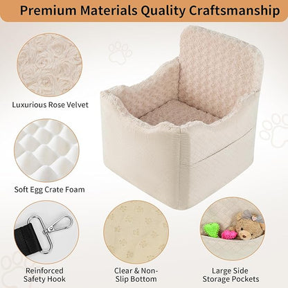 Dog Car Seat for Small Medium Dogs - 6.7inch Elevated Dog Booster Car Seats with Deluxe Rose Plush, Washable Safety Pet Carseat Travel Bed with 2 Safety Belts and Storage Pockets(Beige)