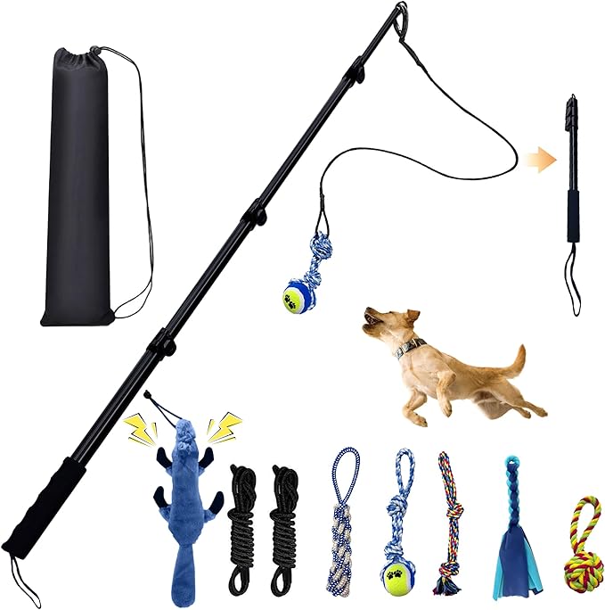 Flirt Pole for Dogs, Interactive Toys Tug-of-war for Dogs, Four-Section Retractable Adjustable Length, Chase Toys with Rope Chewing Sticks, for Outdoor Exercise & Training