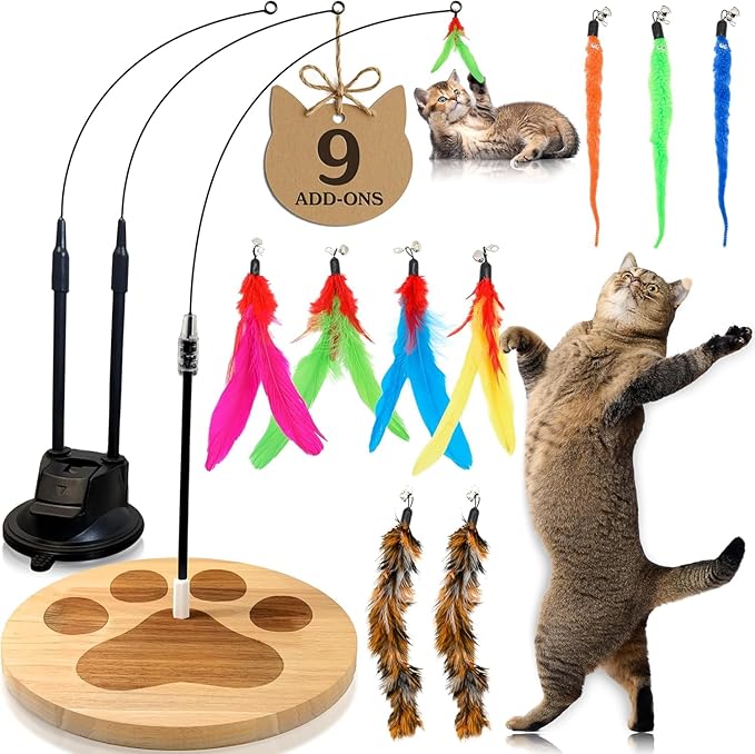 2 Cat Toy + 9 Feather Lures Interactive Cat Toys For Indoor Cats Interactive Kiteen Toys Enrichments For Boared Indoor Adult Cats Kittens Suction Cup Juguetes Para Gatos Teaser Feather Wand