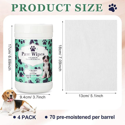 4 Pack Dog Wipes for Paws 5 x 7 Inches Ultra Soft Cotton with Cherry Blossom Scent Gentle Cleansing Pet Wipes for Fresh Smelling Dog After Walks, 280 Per Total