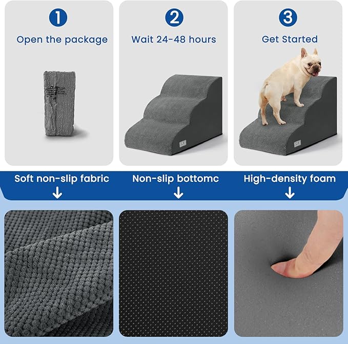 Dog Stairs for Small Dogs and Cats – 3 Step Pet Ramp for Couch & Sofa, Non-Slip Dog Steps for Pets, Washable Cover, High-Density Support Foam for Easy Climbing,Grey