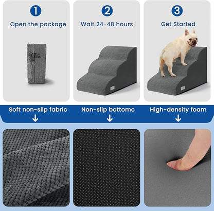 Dog Stairs for Small Dogs and Cats – 3 Step Pet Ramp for Couch & Sofa, Non-Slip Dog Steps for Pets, Washable Cover, High-Density Support Foam for Easy Climbing,Grey
