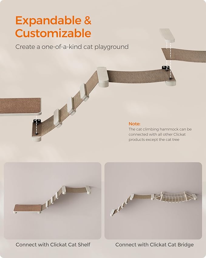 Feandrea Clickat Collection - No.002 Cat Climbing Hammock, Extremely Quick Assembly, Unlimited Expandability, Replaceable Washable Fabric, Wall-Mounted Cat Hammock Bed with Stairs