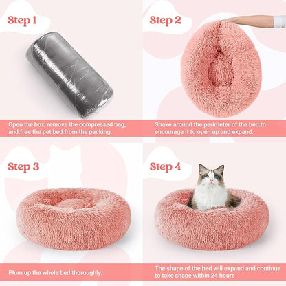 rabbitgoo Cat Beds for Indoor, 20 inches Machine Washable, Fluffy Round Pet Bed Non-Slip, Calming Soft Plush Donut Cuddler Cushion Self Warming for Small Dogs Kittens, Light Pink, Medium
