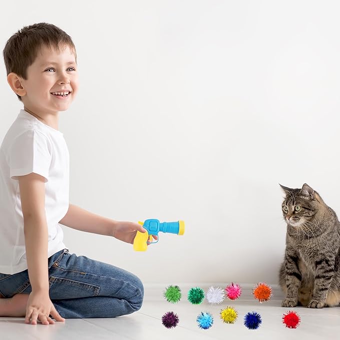 Dorhui Cat Toy Gun Launcher, 30 Pcs Sparkle Pom Pom Balls and Cat Ball Launcher, Cat Fetch Toy Gun Shooter for Indoor, Interactive Glitter Pom Pom Balls for Kitty Gifts