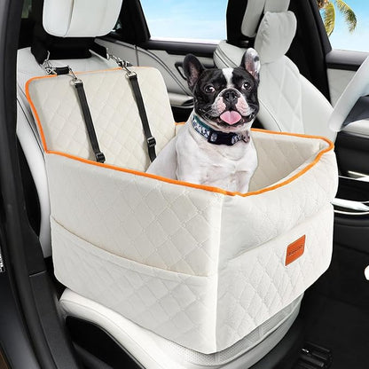 HEGGCOOE Dog Car Seat for Small Medium Dogs, Memory Foam Dog Booster Seats with Thick Cushion for Dogs Under 35lbs, Detachable Washable Pet Car Seat Travel Bed with Storage Pockets,2 Safety Belt