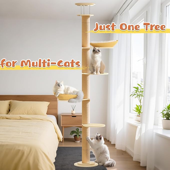Tinnmao Solid Real Wood Floor to Ceiling Cat Tree, 5 Level Adjustable Height (75"-91"), Modern Climbing Tower with Thickened Wooden Sisal Scratching Posts & Cozy Bed for Indoor Cats Large Adult