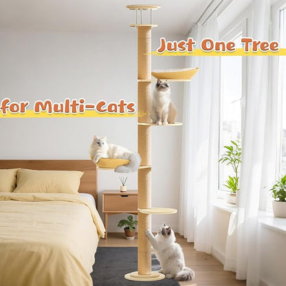 Tinnmao Solid Real Wood Floor to Ceiling Cat Tree, 5 Level Adjustable Height (75"-91"), Modern Climbing Tower with Thickened Wooden Sisal Scratching Posts & Cozy Bed for Indoor Cats Large Adult