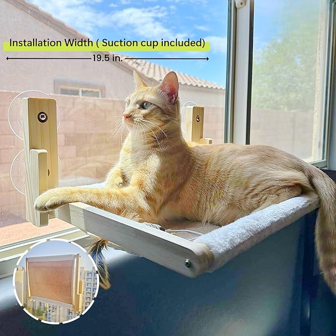 Foldable Cat Window Perch, Natural Wood, 16.5''×12'' Hammock, 35 lbs Weight Limit, Cat Window Hammock for Small Size Windows