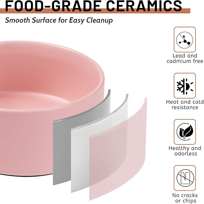 Dog Bowls, Non Slip Ceramic Dog Food and Water Bowl with Silicone Base, Heavy Pet Feeding Bowl for Puppies, Small and Medium Dogs (Pink, 6 Inches)