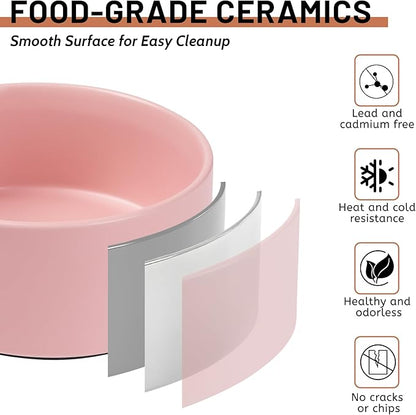 Dog Bowls, Non Slip Ceramic Dog Food and Water Bowl with Silicone Base, Heavy Pet Feeding Bowl for Puppies, Small and Medium Dogs (Pink, 6 Inches)