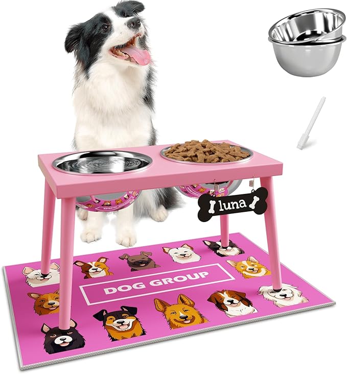 Raised Dog Bowl Stand for Large Medium Dogs, Elevated Dog Bowls with Sprill Proof Mat &Two 58OZ Stainless Steel Bowls,Pink