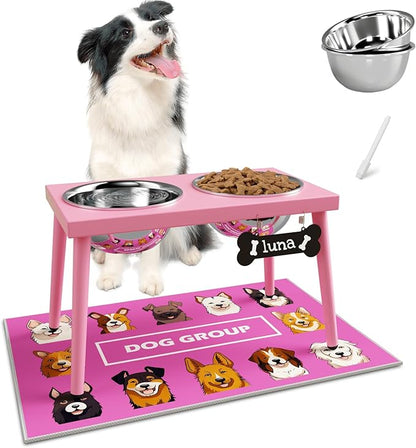 Raised Dog Bowl Stand for Large Medium Dogs, Elevated Dog Bowls with Sprill Proof Mat &Two 58OZ Stainless Steel Bowls,Pink