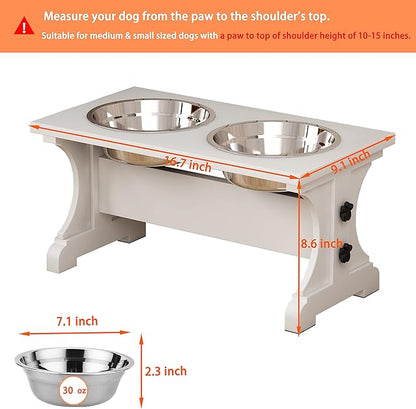 Piskyet Farmhouse Dog Bowls Stand, Elevated Dog Bowl with 2 Stainless Steel Wooden Bowls, 3.5Cups 8.6" H - 30 oz White