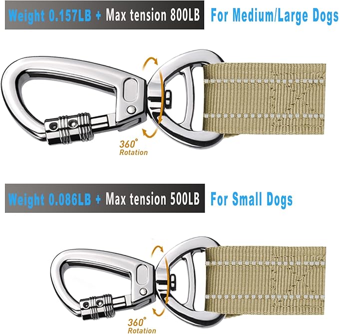 AUBELL Tactical Dog Leash Heavy Duty,4-6ft Reflective Strong No Pull Bungee Leash for Small Dogs with Comfortable Padded Double Handle,Car Seat Belt,360 Degree Rotating Carabiner,Brown