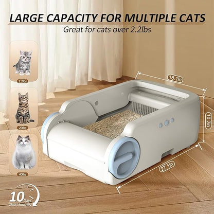 Self Cleaning Cat Litter Box, Open-Top Automatic Litter Box for Multiple Cats with App Control, Safety Protection, Ultra-Quiet, Odor Control Includes 2 Roll Garbage Bags and 1 Litter Mat, White & Blue