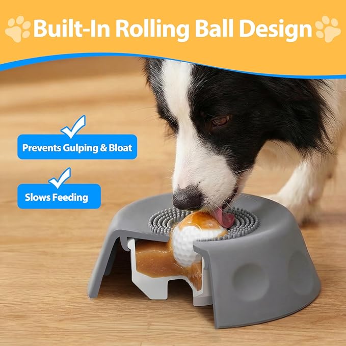 Homgaty Slow Feeder Dog Bowls for Liquid Treat, Dog Lick Bowl Anti-Slip Entertained Ball-in Bone Broth Dog Lick Bowl, Lick Toy for Large Medium Small Pet Breeds Dietary (Gray)