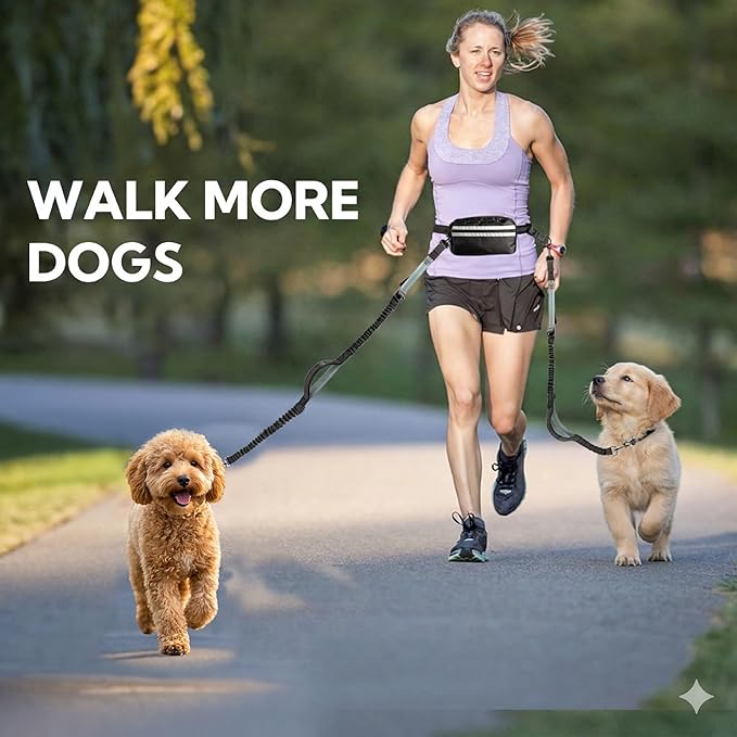 Hands Free Dog Leash 2 Dogs, Multifunctional Double Waist Leash forTwo Dogs Walking, Runing, with Waist Belt,Zipper Pouch and Shock Absoring Bungee (Grey-Green Midum Size, 2 Leashes)