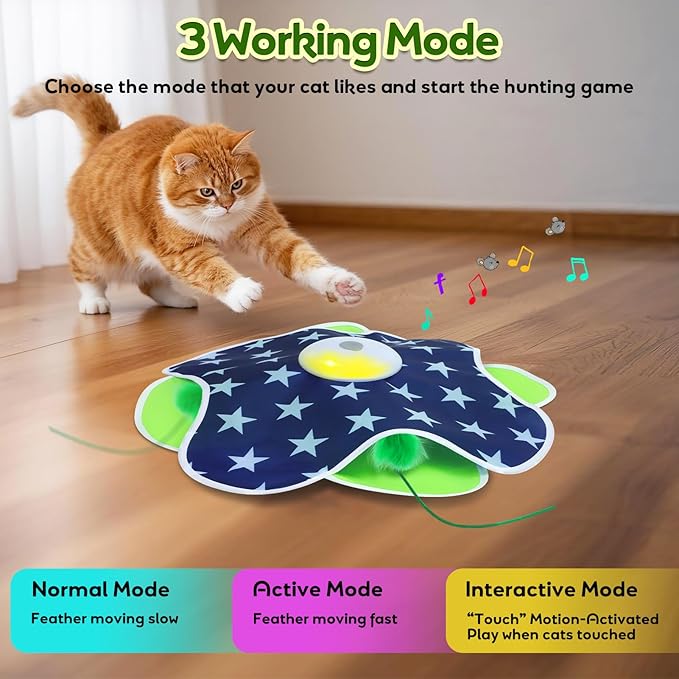 Interactive Cat Toys with Moving Feather Concealed in Mat, Motion Activated, Mouse Squeaky, Rechargeable Cat Exercise Toys for Bored Cats