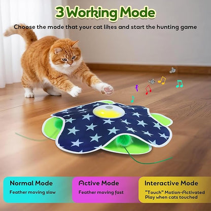 Interactive Cat Toys with Moving Feather Concealed in Mat, Motion Activated, Mouse Squeaky, Rechargeable Cat Exercise Toys for Bored Cats