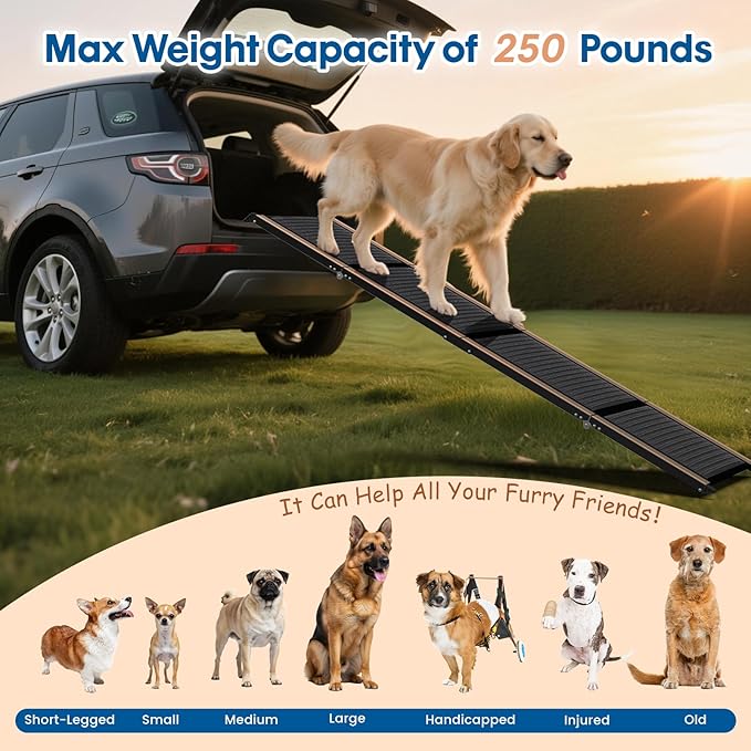 HBTower 71" Long & 17.3" Wide Folding Dog Ramp for Car, SUV & Truck – Portable Pet Ramp with Non-Slip Surface, Extra Wide Steps for Large Dogs Up to 250LBS