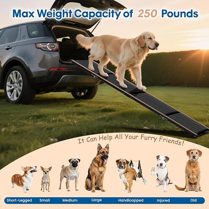 HBTower 71" Long & 17.3" Wide Folding Dog Ramp for Car, SUV & Truck – Portable Pet Ramp with Non-Slip Surface, Extra Wide Steps for Large Dogs Up to 250LBS