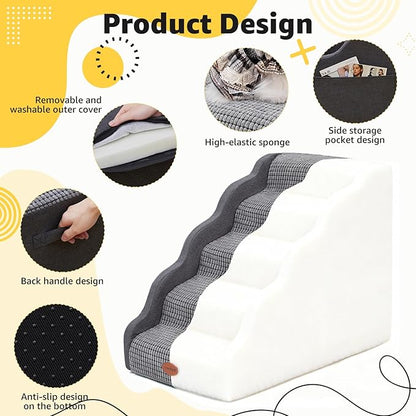 Side Armrest Dog Stairs for High Beds Up to 26-30", 5-Step Pet Ramp with Weighted Base Plate, Washable Cover, Gentle Slope Steps, Bed & Couch Ladder for Small Medium Dogs & Senior Cat