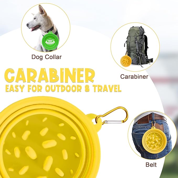 Small Collapsible Dog Bowls (12oz), 1 Pack Pet Travel Foldable Bowl and Slow Feeding Frisbee with Carabiners, Healthy, Soft Silicone, Portable Essential Set for Walking, Travel, and Hiking (Yellow)